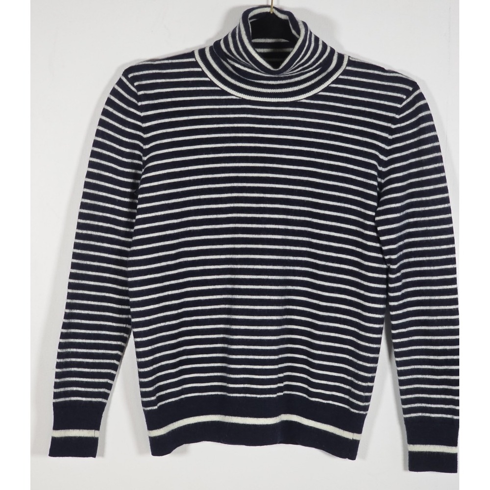 Bensimon Womens Medium Wool Navy Blue Stripe Turtleneck Sweater Casual Cozy Warm